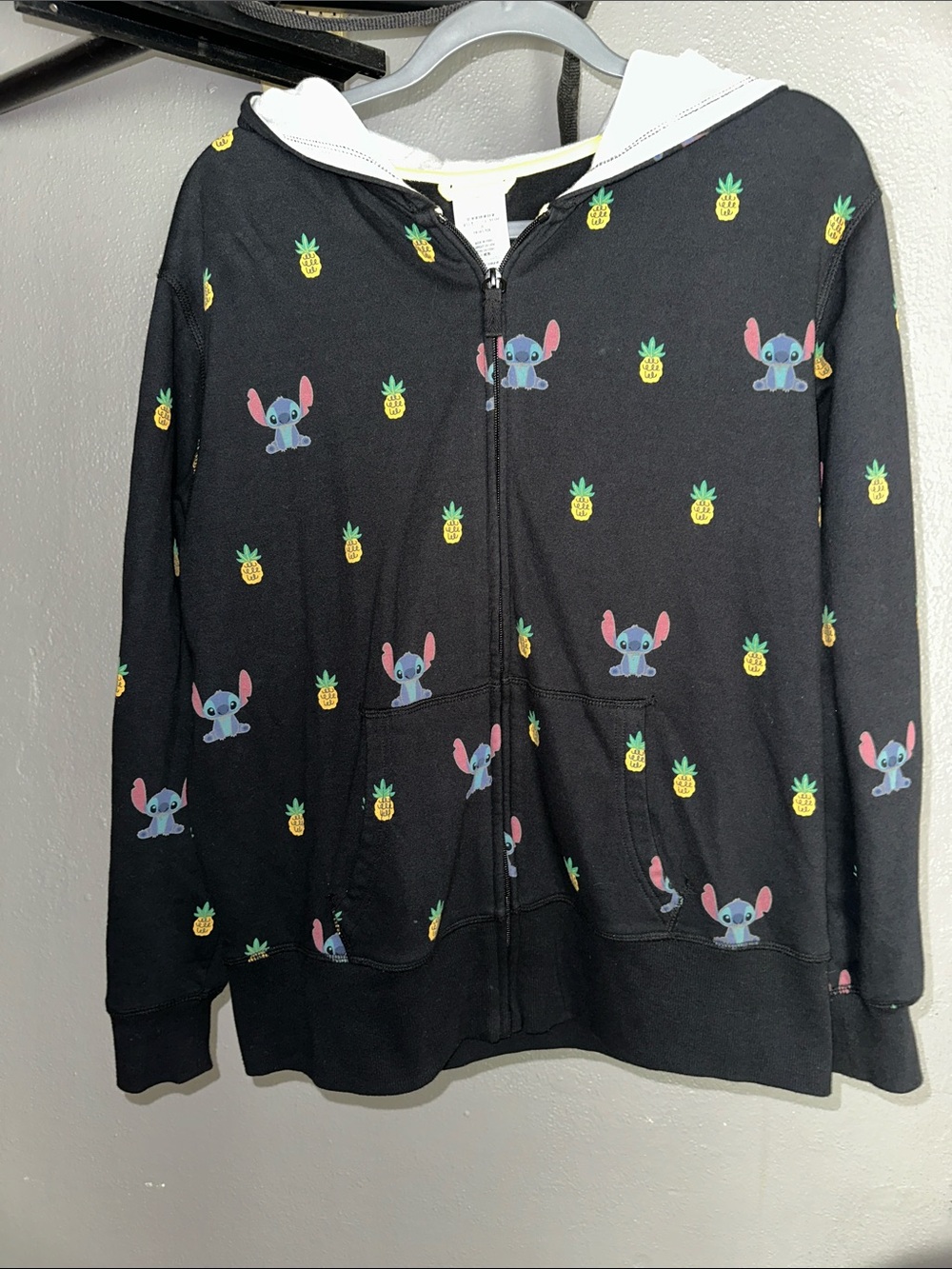 Black Zip-Up Hoodie Vest with Pineapple & Character Print